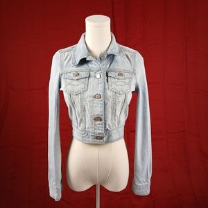 Y2K White Blue Distressed Denim Cropped Jacket Juniors XL/Women’s XS Abercrombie